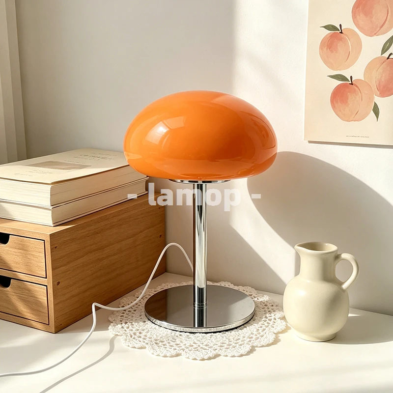 murano-glass-gloss-orange-half-dome-mushroom-table-lamp-mid-century-wood-pole-stand-3-tone-soft-light-entry-cabinet-living-side