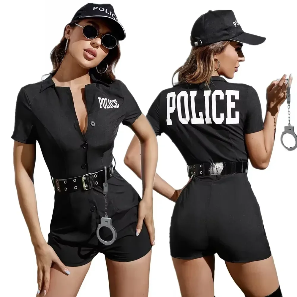 

Short Sleeve Jumpsuit Set Women's Police Costume Sexy Cop Cosplay Halloween Carnival Uniform For Female Role-playing Games Suit
