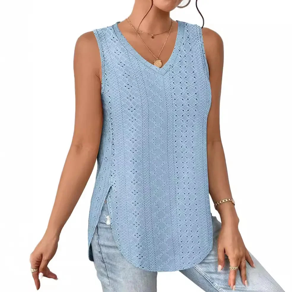 Women's Shirts Summer Tops V-neck Vest Sleeveless Eyelet Jacquard Tops Casual Vest Side Split T-shirts For Women Knitted Blouses