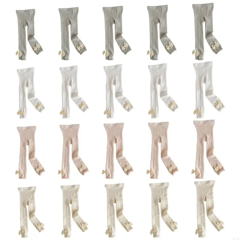 

M89C Breathable Baby Cropped Pants Bowknot Detail Tights Kids Solid Color Elastic Leggings for Daily Wear and Party