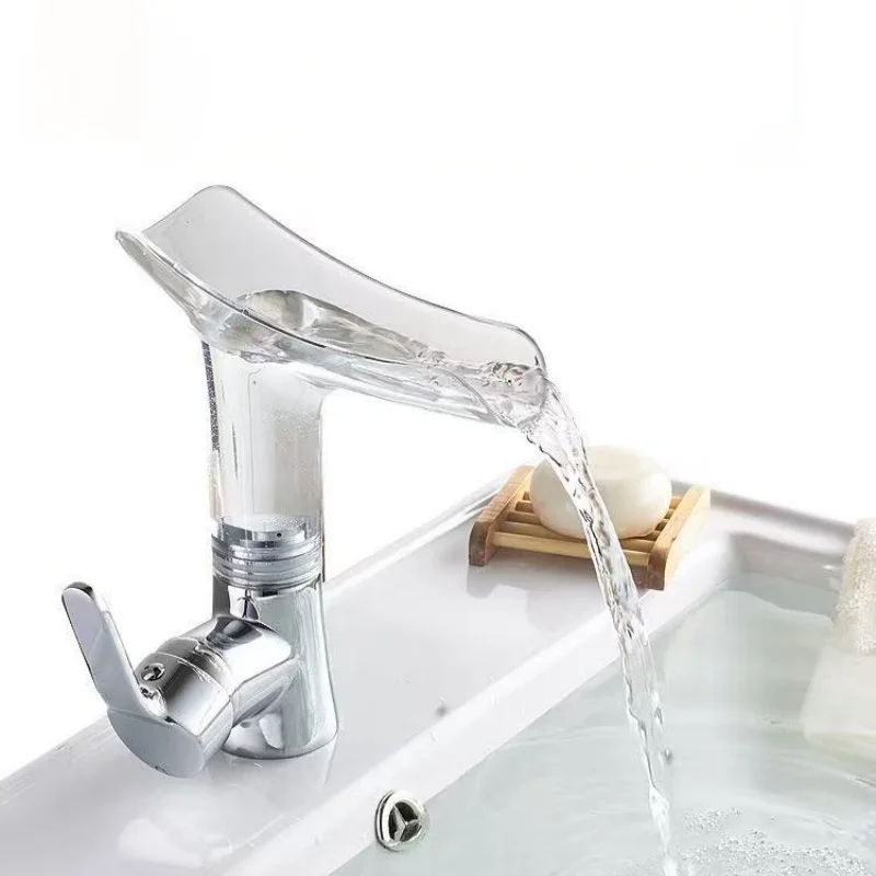 Waterfall Faucet Copper Body Transparent Creative Countertop Basin Faucet Hot and Cold Mixer Kitchen Bathroom Faucet