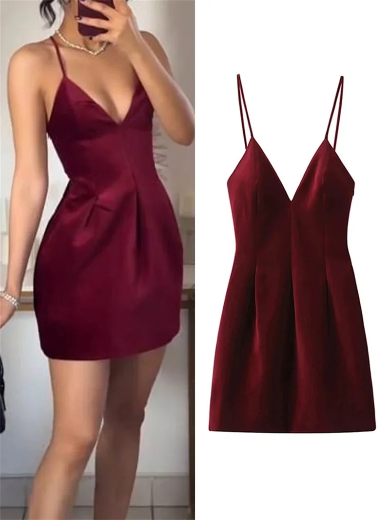 Sexy Wine Red Velvet Sling Mini Dress for Women V-Neck Backless Slim A-line Dresses Merry Christmas Party Vestidos