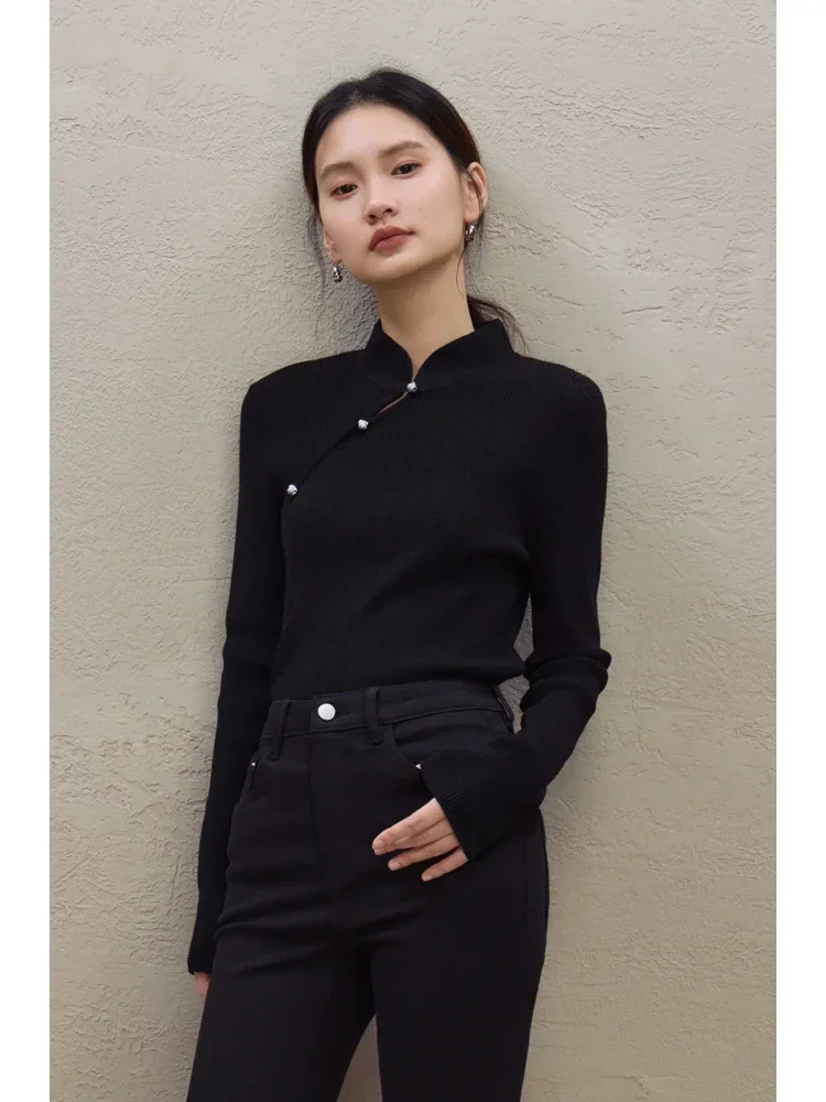 ZIQIAO Improved New Chinese Style Slim Knitted Sweater for Women 2023 Autumn Winter New Stand Collar Temperament Slim Top Female