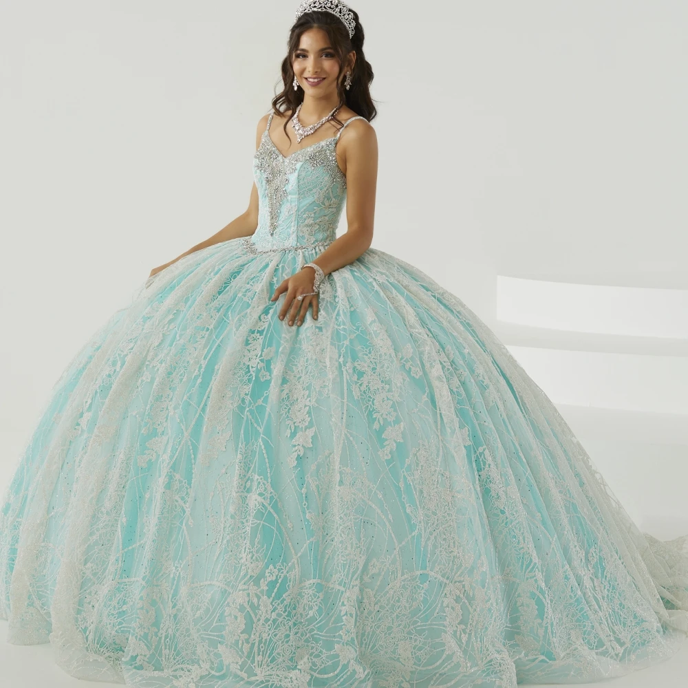 

Lorencia Mint Quinceaneras Dresses Ball Gown Lace Appliques Beading Crystals Mexican Sweet 16 Dress Vestidos De 15 Años YQD200