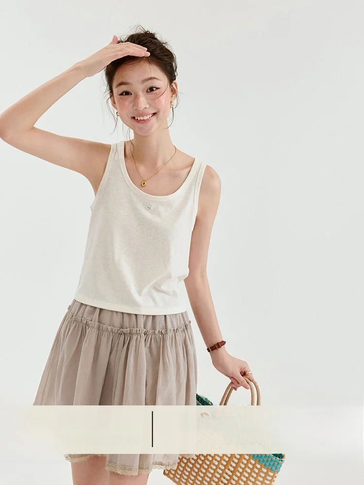 AMUU Original Women's Loose Fit Sleeveless Top Summer New Style Outerwear Base Layer U-Neck Button Detail Cotton Polyester Ly...