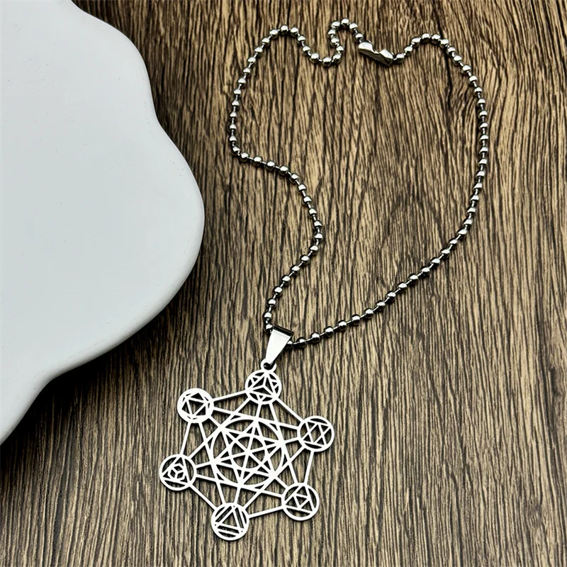 Large Archangel Metatron Cube Geometry Necklace for Women Men Stainless Steel Silver Color Flower of Life Chain Jewelry collar