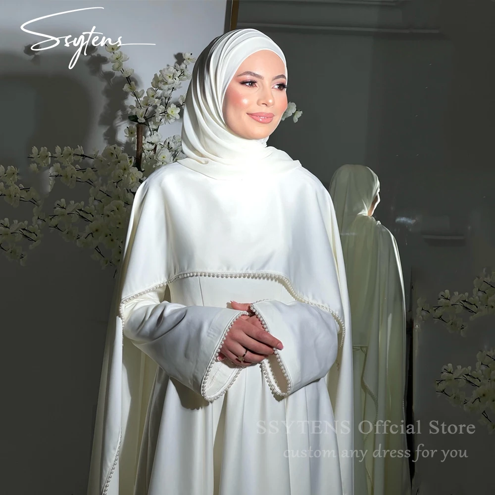SSYTENS Modest Muslim Wedding Dresses Women Customized Brides Ivory Pearls Cape Nikkah Caftan Bridal Gown Long Vestido De Noiva
