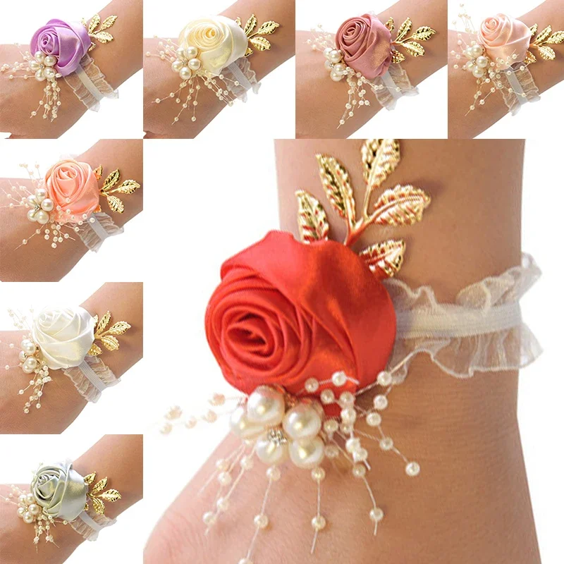 Meisjes Bruidsmeisje Pols Bloemen Bruiloft Prom Party Boutonniere Satijn Roos Armband Stof Hand Bloemen Bruiloft Supply Accessoires