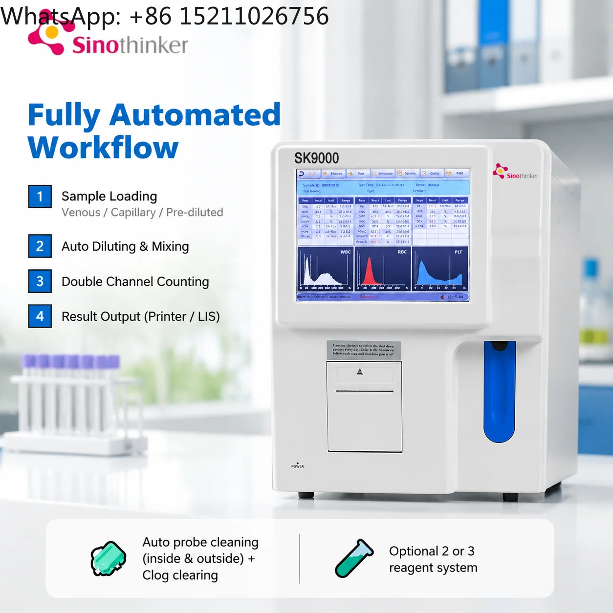 Full Auto- Analyzer 3 Part CBC - Cell Counter Printer 70 Tests/Hour Sinothinker SK9000 10.4'' TFT Display Hospital