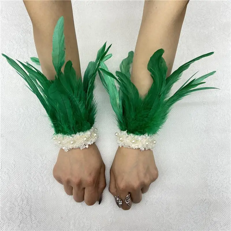 Halloween Cosplay Gothic Feather Wrist Cuffs Pearl Lace Feather Arm Warmers Carnival Party Performance Clothing Accessories