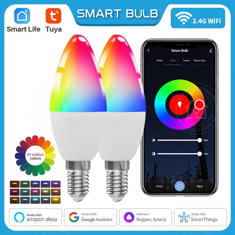 Tuya Smart Light Wifi Bulb Dimmable E14 Candle Lamp AC85-265V RGBCW 5W Smart Life APP Support Alexa Google Home Alice Voice