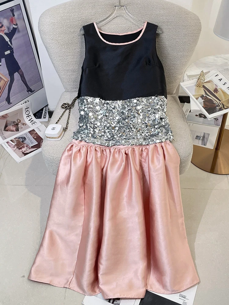 ReddaChic Women Sequined Tank Long Skirt Pretty and Elegant Color Block Ruffle Skirt Stitch Tank Top Set Work Summer Clothes view 5