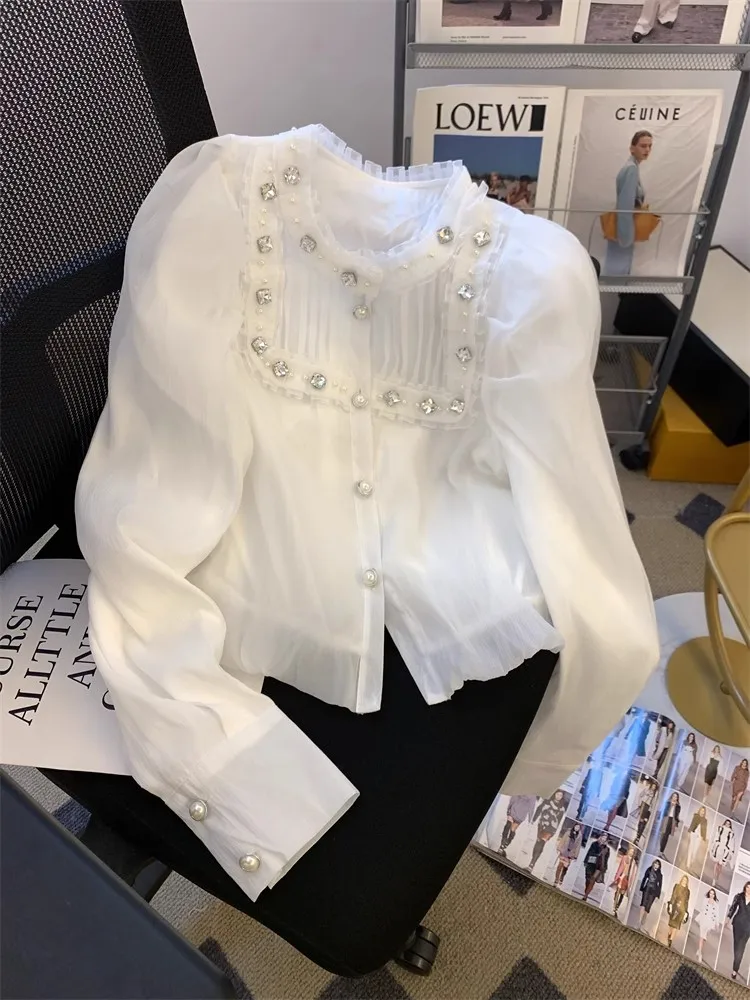 2024 French Style Diamond studded Chiffon Shirt Women's Autumn New High Quality Lace Collar Bubble Sleeves Slim Fit Commuter Top