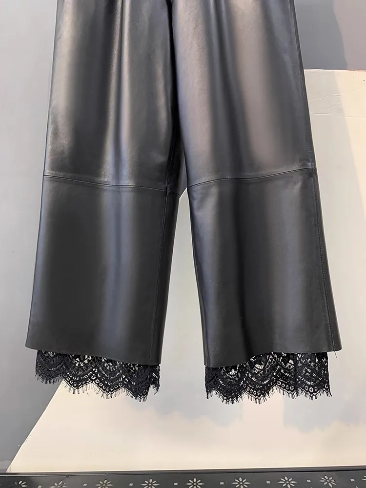 الخريف المرأة مرونة الخصر فضفاضة تناسب بنطال ذو قصة أرجل واسعة الكاحل طول الدانتيل تقسم جلد الغنم حقيقية بنطال جلدي ملابس الشارع الشهير غير رسمية #6