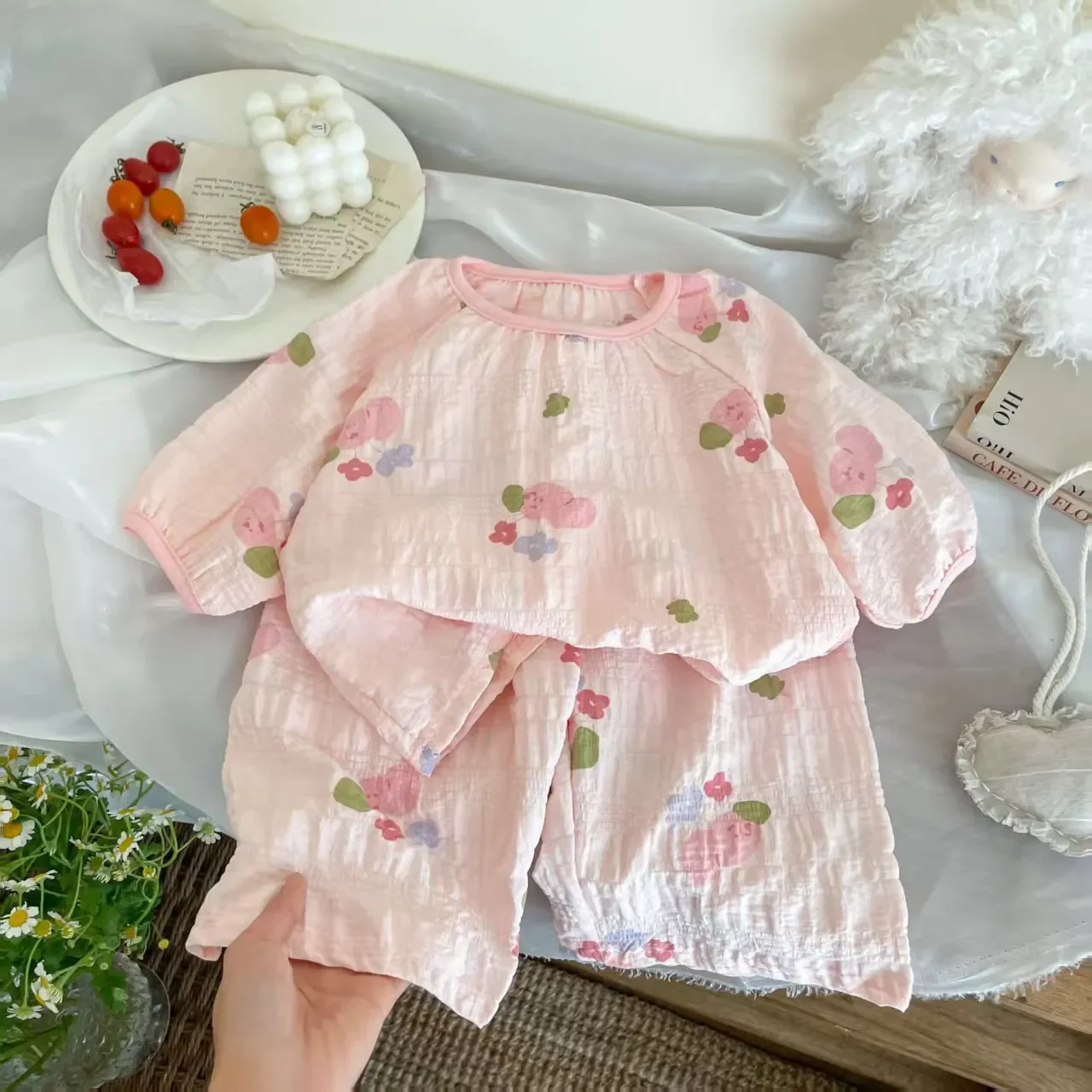 Spring Breathable Children Sleepwear Sets 0-7Y Kids Girls Printed Homewear Pajama Sets Summer Gauze Fabric Soft Daily Loungewear