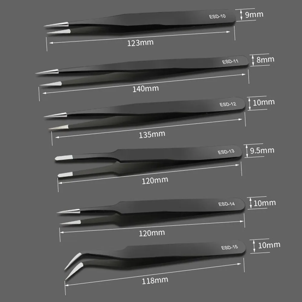 Pinzette antistatiche in acciaio inossidabile da 6 pezzi Manutenzione di precisione Riparazione industriale Modello di lavoro curvo Creazione di utensili manuali