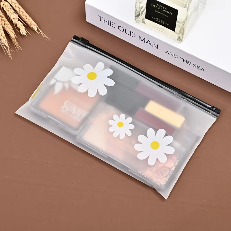 30/50Pcs Daisy Pattern Matte Clear Zipper Storage Bags Portable Plastic Pouches for Cosmetics, Small Gifts & Party Favors