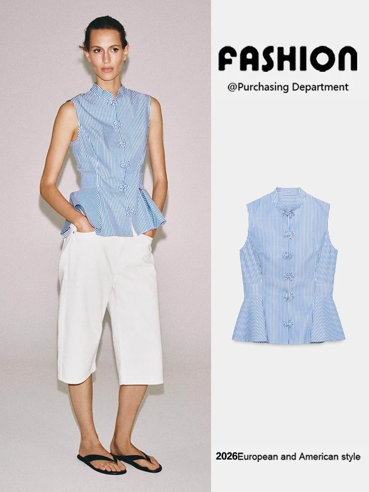 Summer New Women's Sleeveless round Neck Striped Nine Points Short Skirt Style Shirt Top Slim Fit Chinese Style Ladies' Clothing