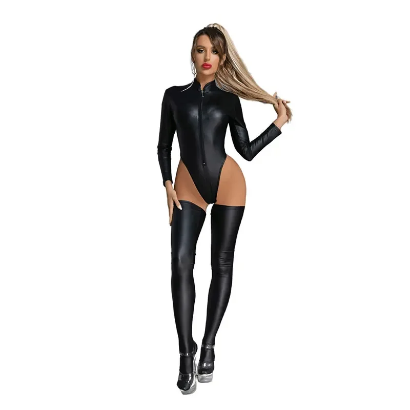 

Women Faux Leather Bodysuit Long Sleeve PVC Latex Catsuit With Stocking Fetish Clubwear Sexy Erotic Costumes