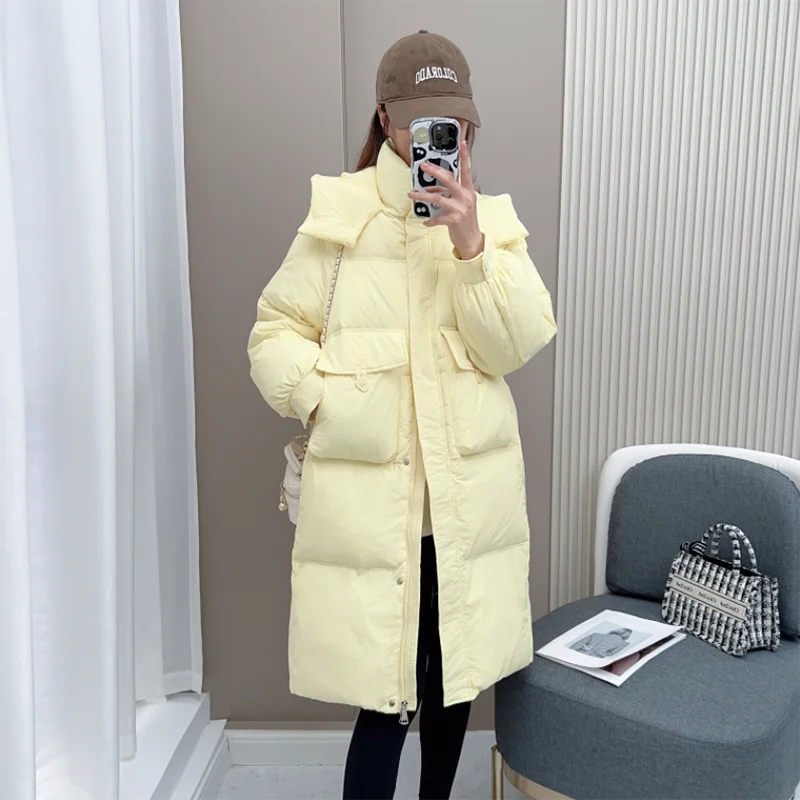 

Hooded Duck Down Jacket for Women, Long Overcoat, Korean Fashion, Loose, Thick, Warm Parka, White, New, Autumn, Winter, 2023