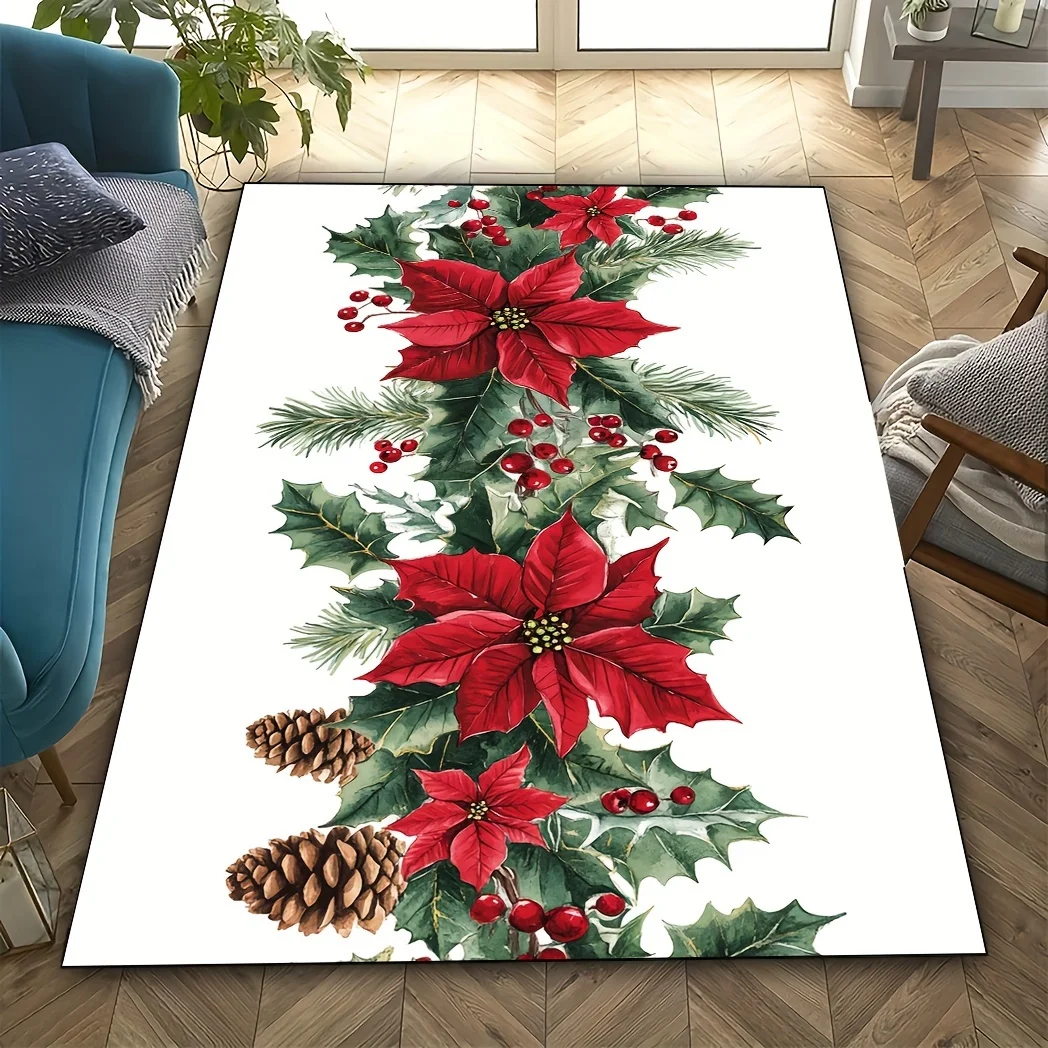 1.  2. VIKAMA Xmas Living Room Rug Poinsettia Flower Holly Leaf Pine Cone Holiday Pattern Anti‑Slip Washable Indoor Floor Mat