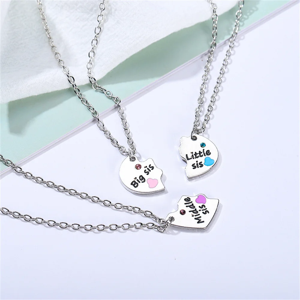 3 Pcs/Set Sisters Necklace For Women Heart Shape Letter Rhinestone Black Pink Pendant Lady Glamour Alloy Best Friends Forever