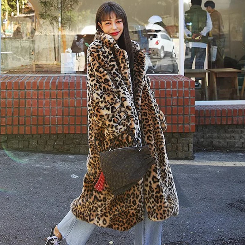 Europe America Women's Leopard Fur Coat Longer Fashion Casual Loose Fur Overcoat Large Size Warm Windbreake Plush Coat