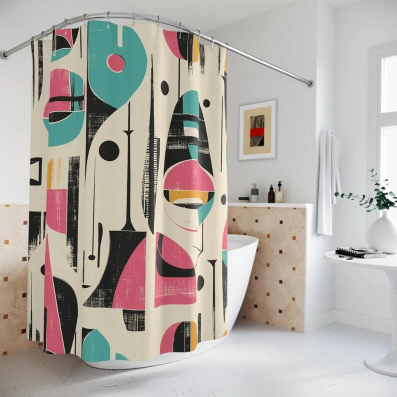 Mid Century Modern Shower Curtain: Retro Atomic Teal Pink Geometric Art