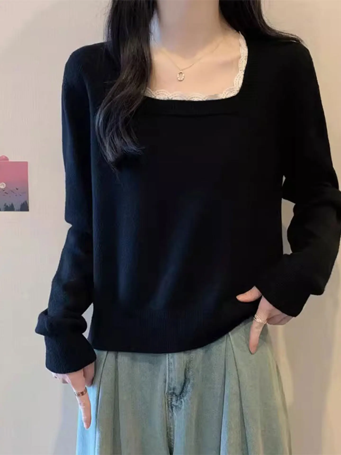 

Slimming Bla Long Sve Knitted Sweater Large Size Casual Sle Spring Faion Square Collar Loose Fit Women's Top