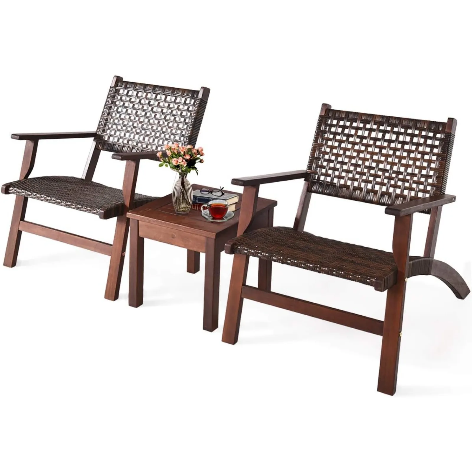 US 3 PCS Patio Conversation Set, Solid Eucalyptus Wood Frame Outdoor Wicker Furniture Set Bistro Set with Coffee Table