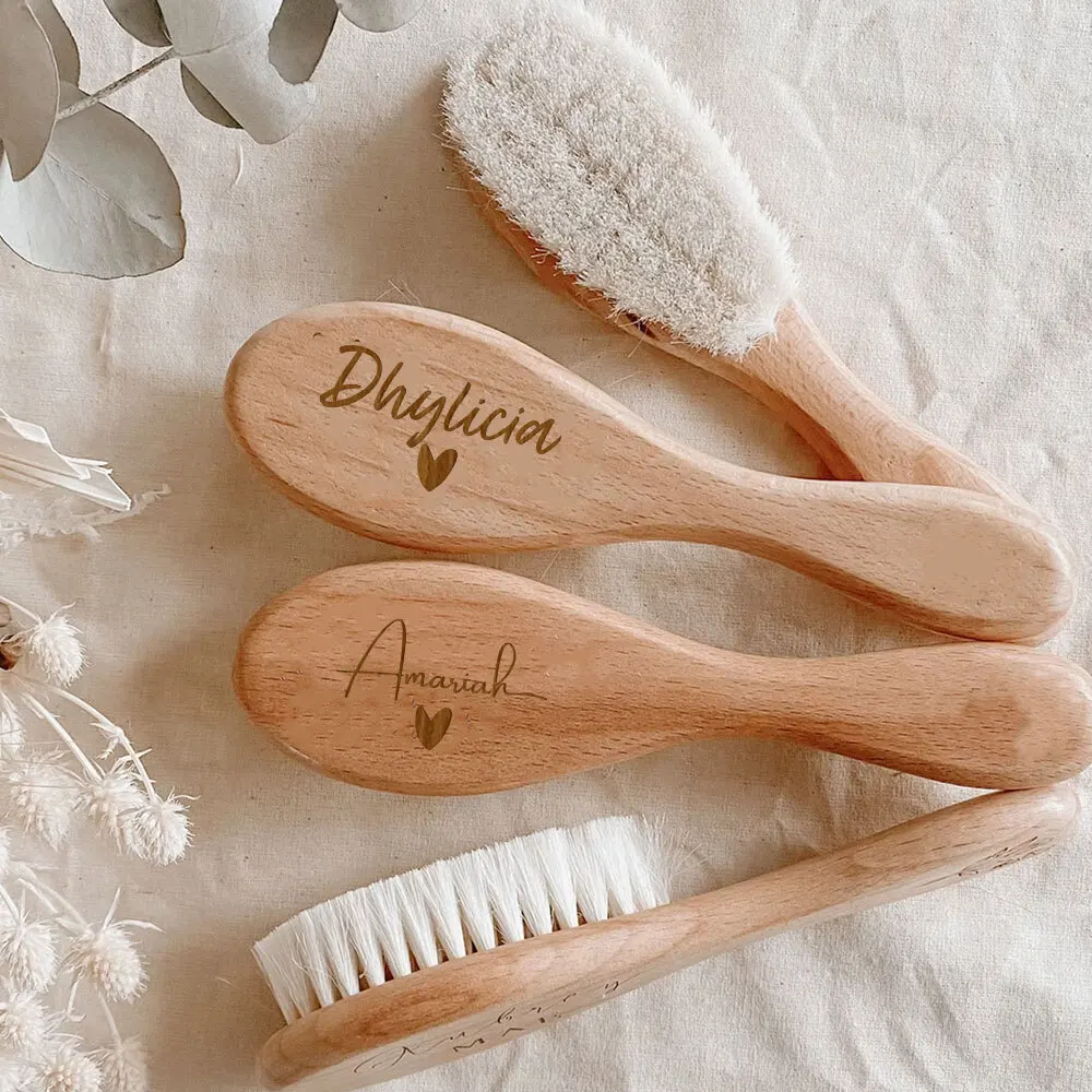 Personalized Custom Name Baby Hairbrushes Engrave Infant Name Wooden Newborn Hair Brush Comb Birth/Baptism/ Baby Shower Gifts