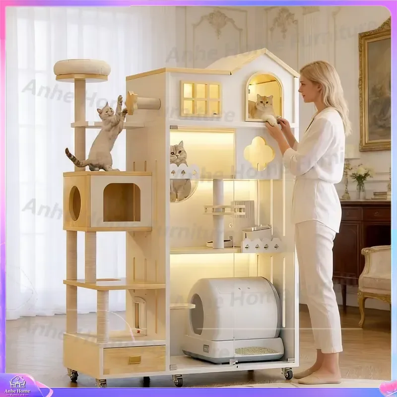 Wholesale Modern Luxury Enclosed Cat Villa Eco Friendly Multifunctional Pet Cabinet Castle Rugged Climbing Rack Indoor Cat
