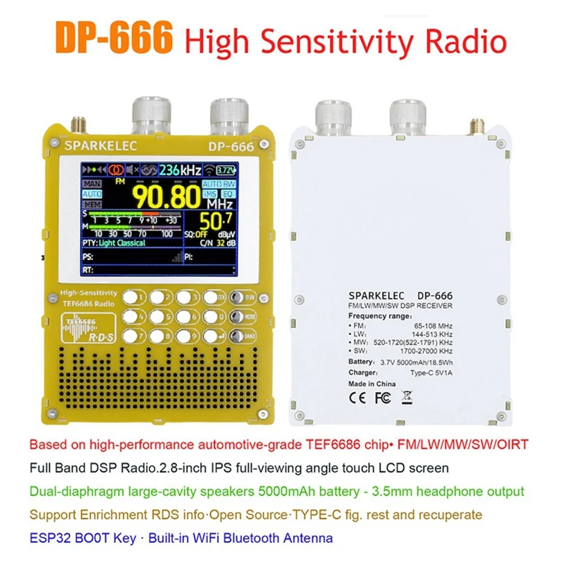 DP-666 TEF6686 Full Band Radio 2.8-Inch IPS Touch Screen High Sensitivity Receiver Full Band FM LW MW SW Radio Black-A56M