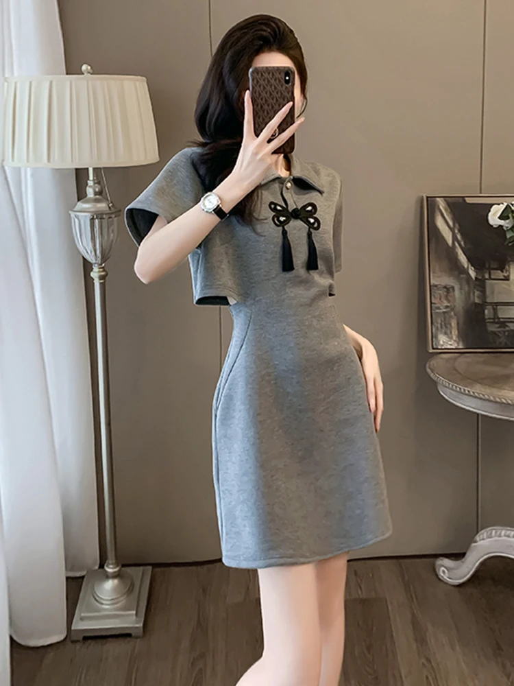 Nouveau chinois Sle rétro bouton Dr dames été nouveau Faionable polyvalent ventre aboiement t-shirt jupe ort Sve coupe ajustée