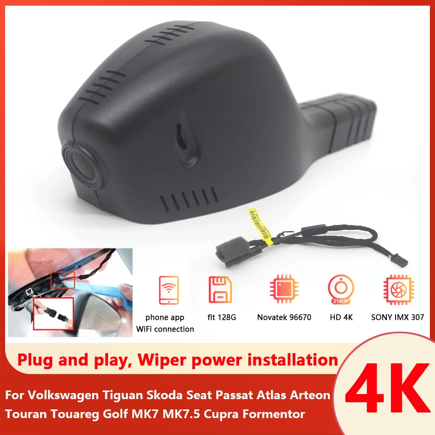 Car DVR Wifi UHD 4K Dash Cam For Volkswagen Tiguan Skoda Seat Passat Atlas Arteon Touran Touareg Golf MK7 MK7.5 Cupra Formentor