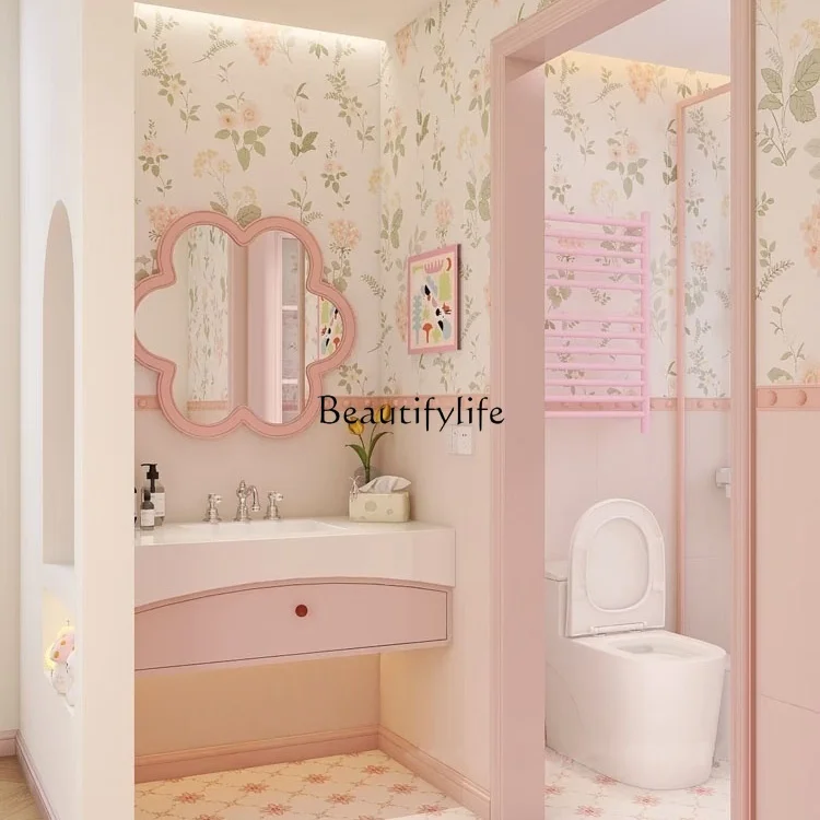 خزانة حمام فرنسية، طلاء خشبي من المطاط الصلب الوردي، حوض غسيل بلاطة صخرية بدون خياطة