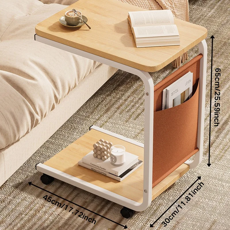 2-Tier C Shaped Side Table with Storage Bag 60KG Load Capacity Versatile End Table for Living Room Bedroom Office