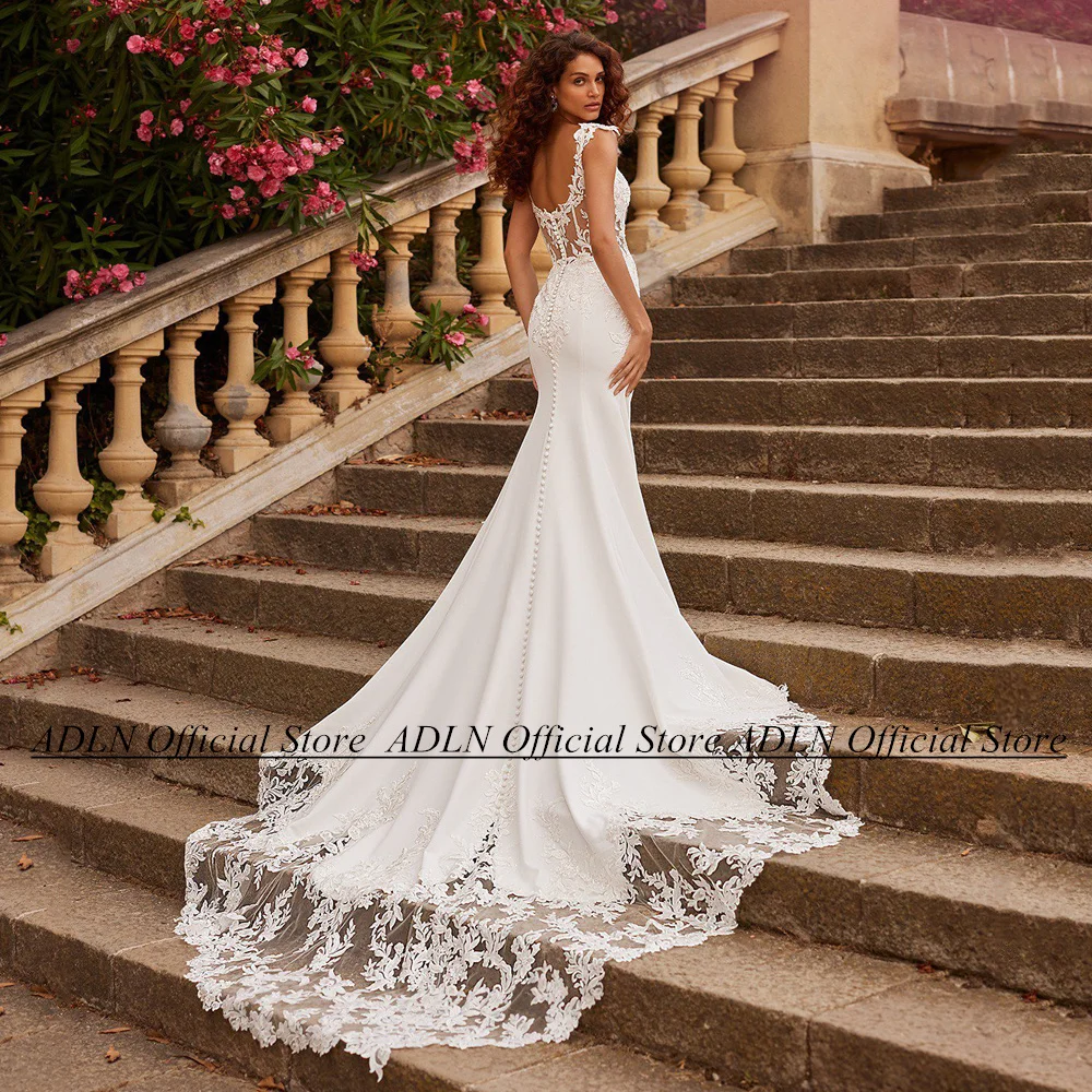 ADLN Vestido De novia sirena personalizado manga casquillo cuello pico apliques ilusión espalda botones corte tren vestidos De novia