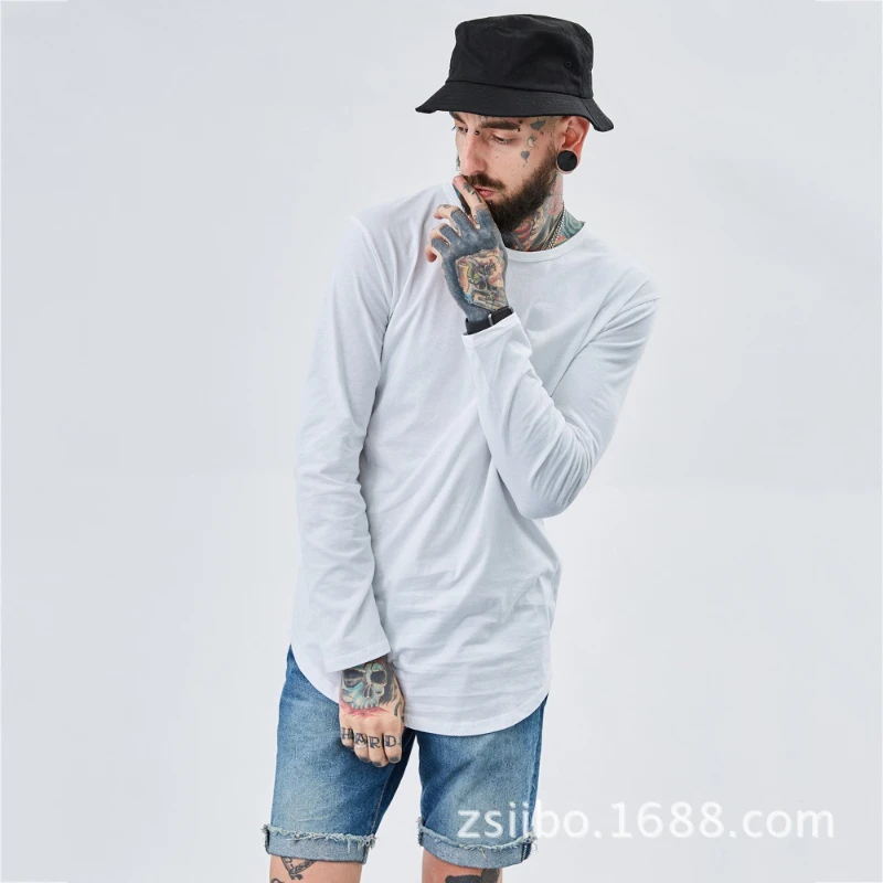 

Черно-бело-серая базовая мужская футболка с длинным рукавом и изогнутым низом, однотонная, повседневная, модная, удобная, свободного кроя