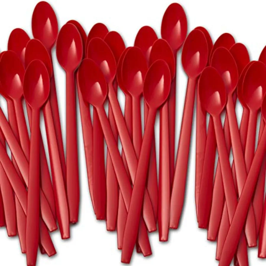Extra Long, Sturdy 8in Premium Spoons 50ct. Heavy Duty Disposable Plastic Utensils for Ice Cream, Milkshakes, Tea and Floats. B