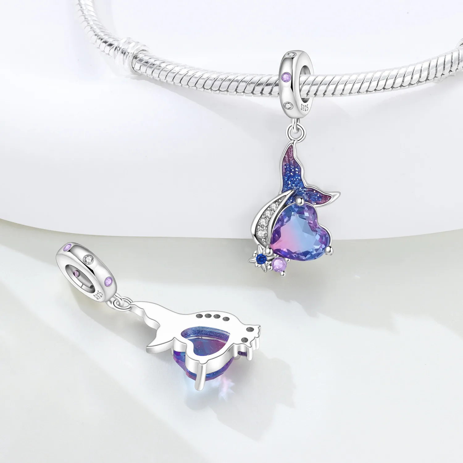 

PANPOKI 925 Sterling Silver Starry Heart Mermaid Tail Beads Original Pendants Bracelet Charm Jewelry Party DIY Trendy Gifts