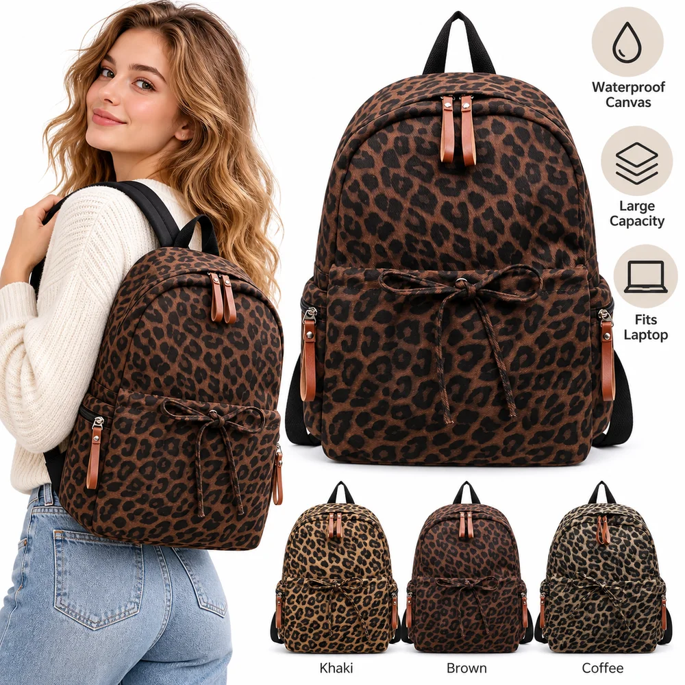 New Leopard Print Laptop Backpack Waterproof Large Capacity Double Shoulder Bag Multi Pocket Adjustable Rucksack Unisex