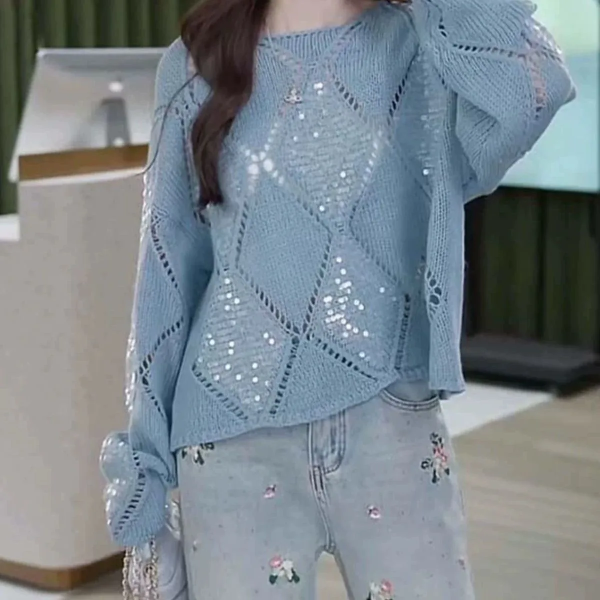 Pull Boho Chic à manches longues et col rond pour femme, coupe ample, au Crochet, polyvalent, paillettes brodées, haut en tricot pour l'automne et l'hiver