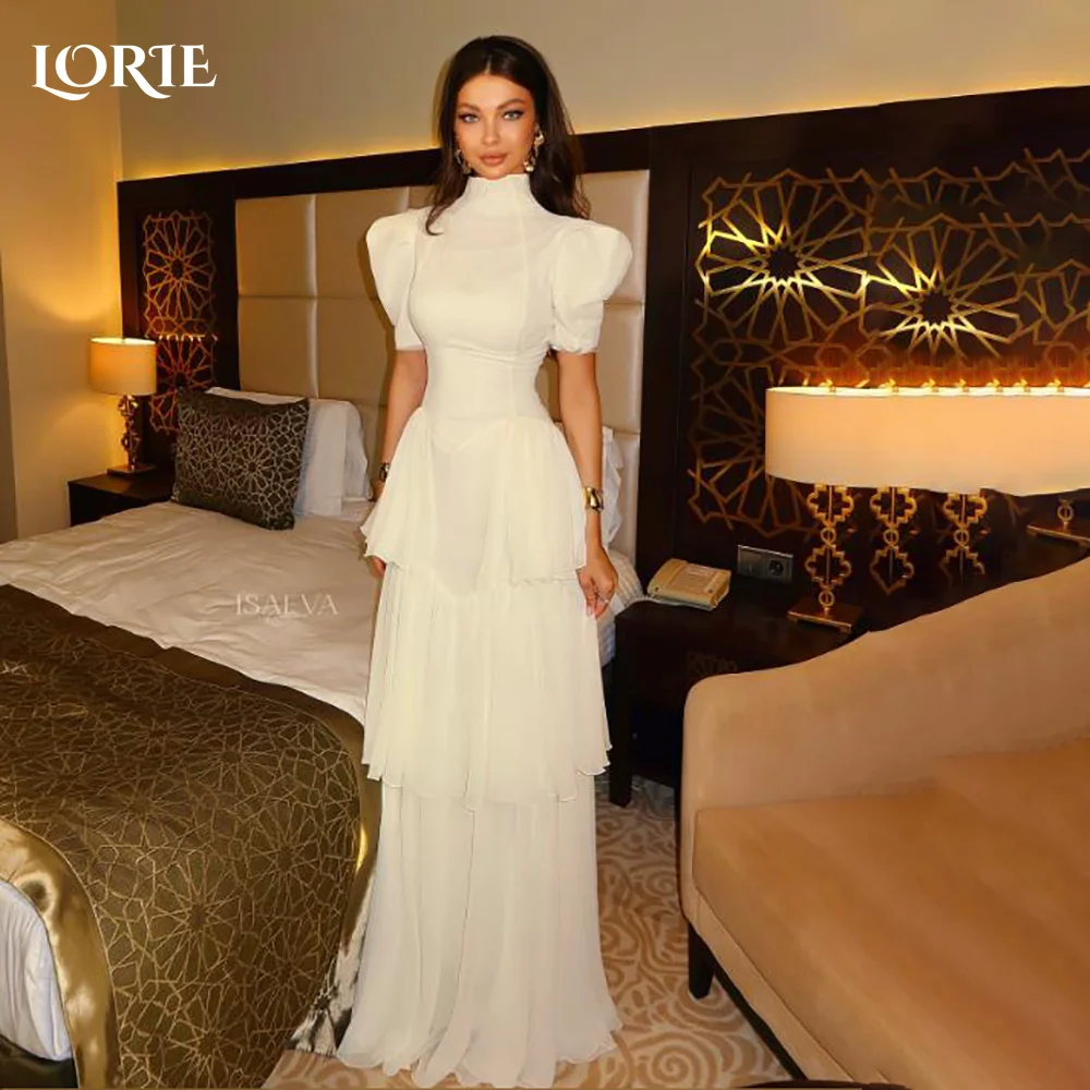 

LORIE Sexy Satin Puff Sleeve Wedding Dresses A-line Pleats High Collar Ruffle Elegant Customized Bridal Gown vestidos de novia