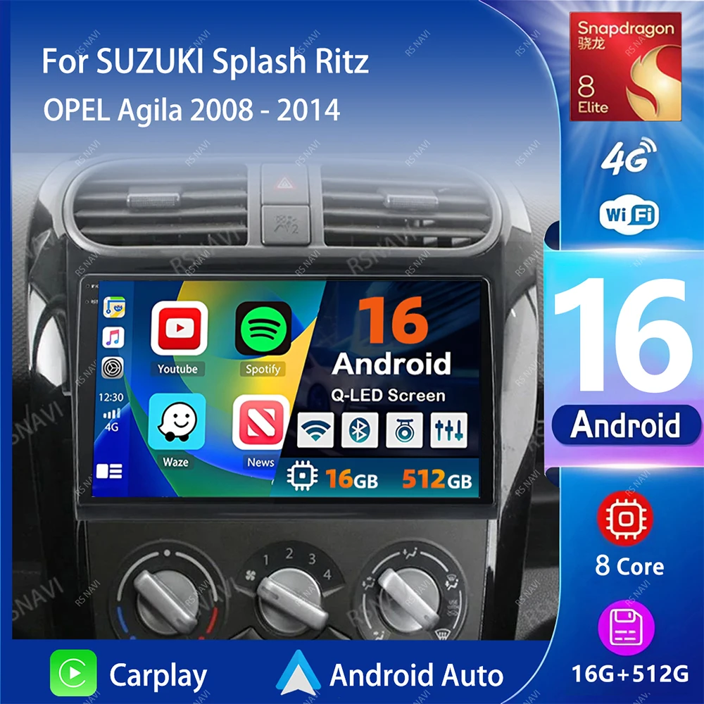 Android 16 Carplay Auto 2K Screen Car Radio BT Multimedia Player For SUZUKI Splash Ritz OPEL Agila 2008 - 2014 Autoradio Stereo