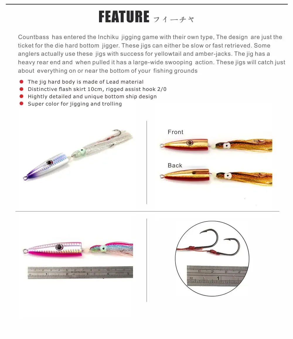 Countbass 120g 4.3oz  Saltwater Bullet Bottom Ship Inchiku Jigs with Octopus Assist Hook,  Snapper Fishing Lure Squid Jigging