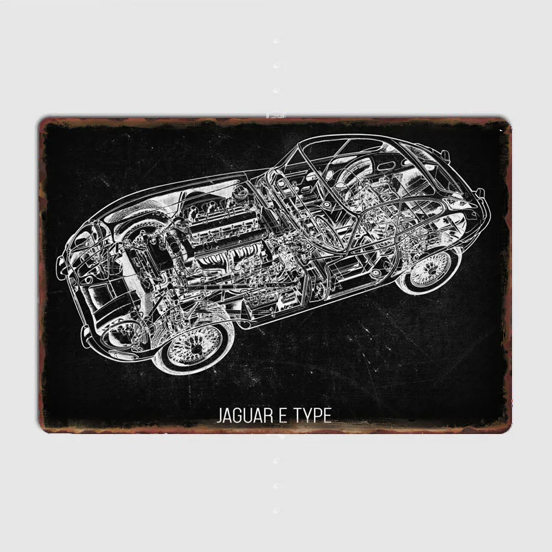 Cars Cutaway E-Type Posters Metal Plaque Poster Home Decorations Classic Tin Sign Room Decor Wall art