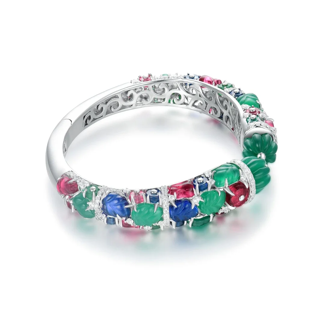 BELLUX 925 Silver Synthetic Zircon Bracelet Colored Fruit Carving Gemstone Pumpkin shaped Luxury Open Bangle Fine Jewelry