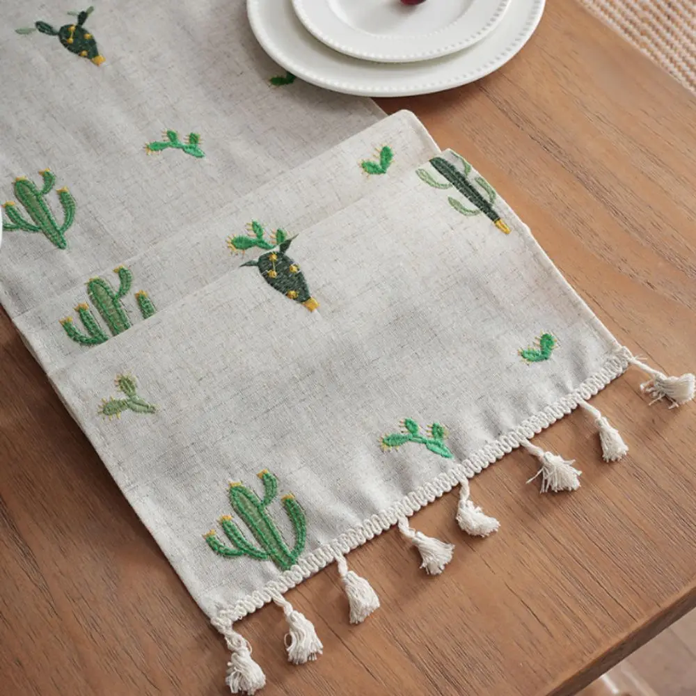 Rustic Style Linen Embroidery Table Runner with Tassel Flower/Cactus Pattern TV Cabinet Cover Decorative Long Strip Table Linen