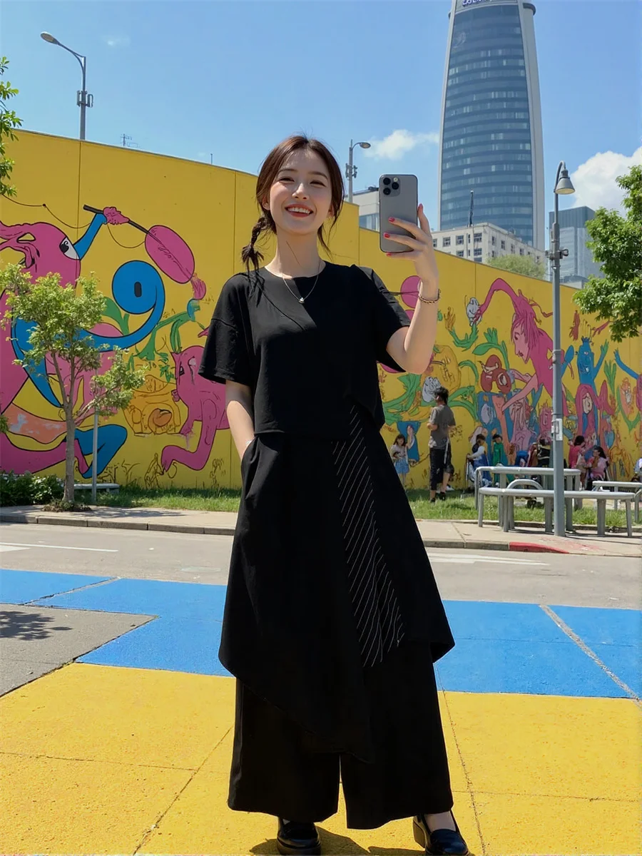 سراويل نسائية كاجوال بجيوب سوداء مرقعة موضة نسائية متباينة الألوان تصميم كتلة ملابس الشارع العصرية فضفاضة عالية الخصر مستقيمة #2